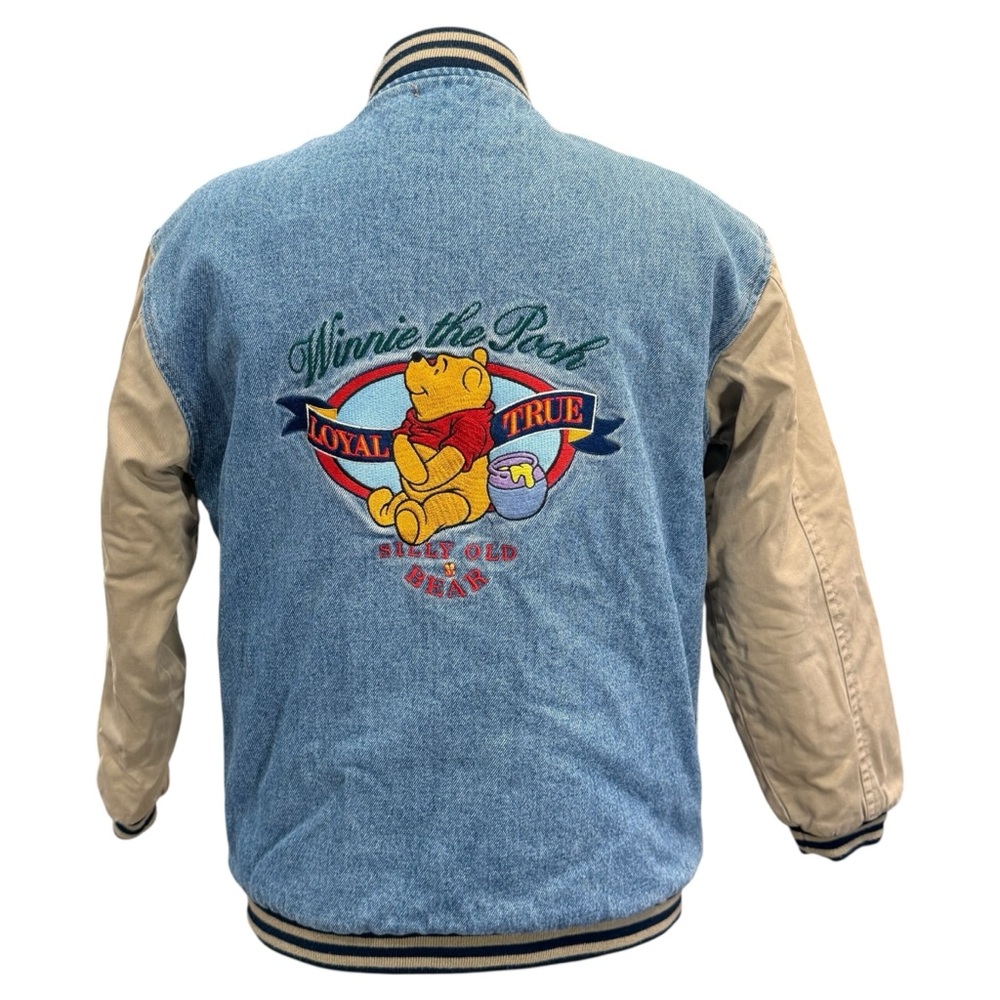 DISNEY Winnie The Pooh Bomber Jacket Loyal True Denim Youth Unisex Sz L VTG 90s